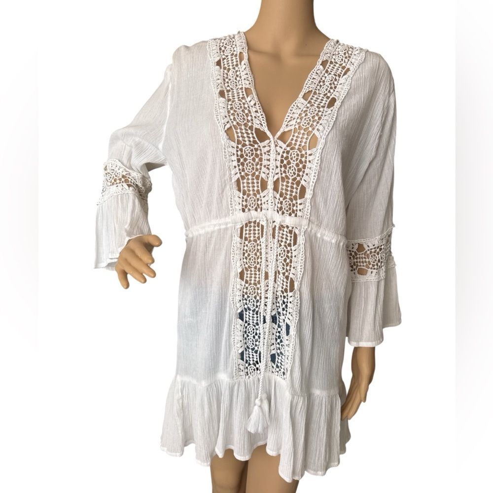 Blue Island White Crochet Swim Cover-Up v-neckline Lace Tie Waist L